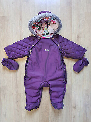 TED BAKER Girls Hooded Snowsuit and Mittens 0-3 Months Plum Faux Fur