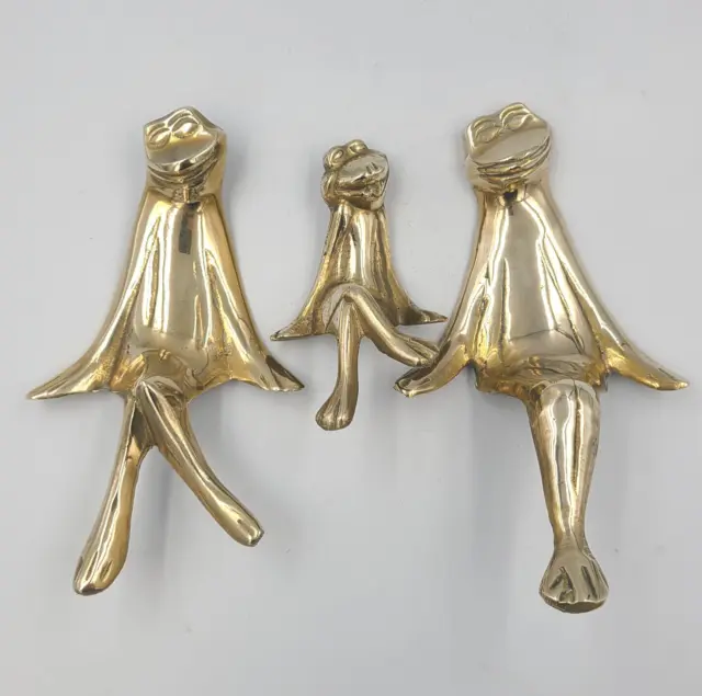 3x Vintage Brass Sitting Frog Figurines Shelf Ornaments Decor