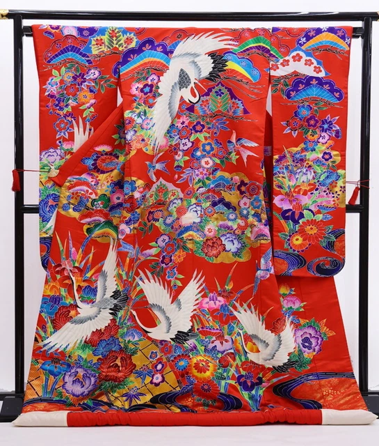 Japanese Kimono Uchikake Luxurious Wedding Pure Silk Crane Red 185cm K1255