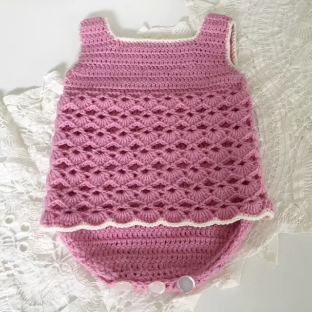 Baby Girl Romper 0-3 mths, Crochet Handmade Merino Wool One Piece