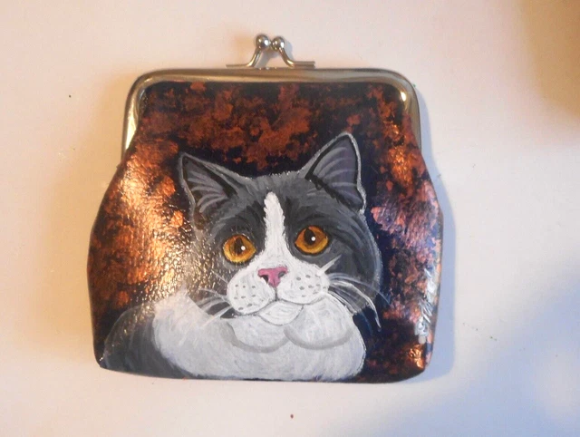 British Shorthair Cat Hand Painted Coin Change Purse Vegan Clutch