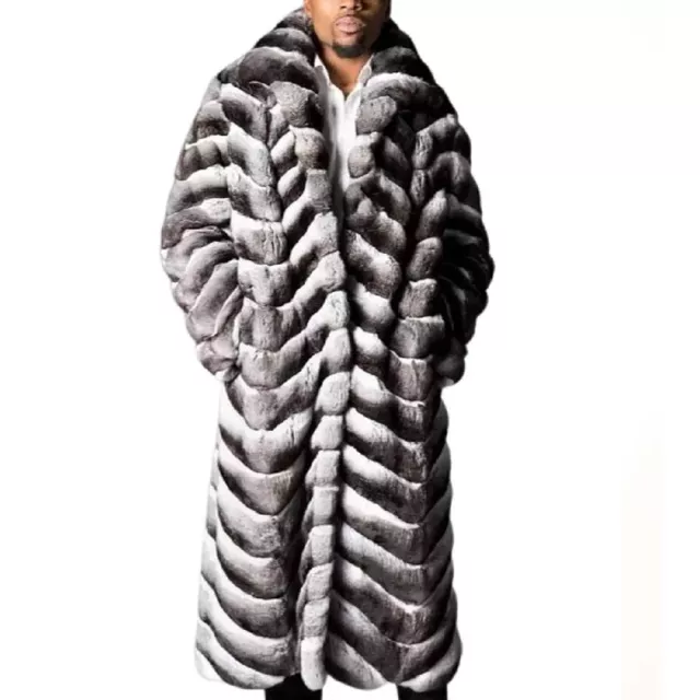 Winter Men Chinchilla Colour Real Rex Rabbit Fur Coat Lapel Warm Long Outwear