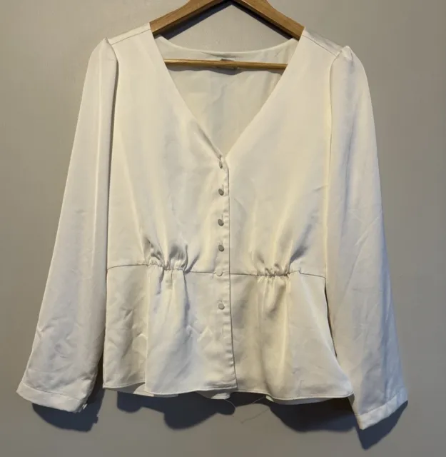 J. Crew Womens Size 10 White Long Sleeves V-Neck Button Front Peplum Blouse Top