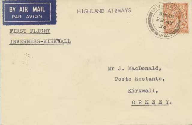 GB 1934 first flight at normal postal rate INVERNESS - KIRKWALL, ORKNEY ISLANDS