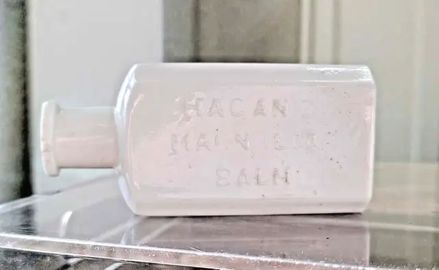 1890s Antique Milk White Glass Drugstore Pharmacy Bottle HAGAN'S MAGNOLIA BALM