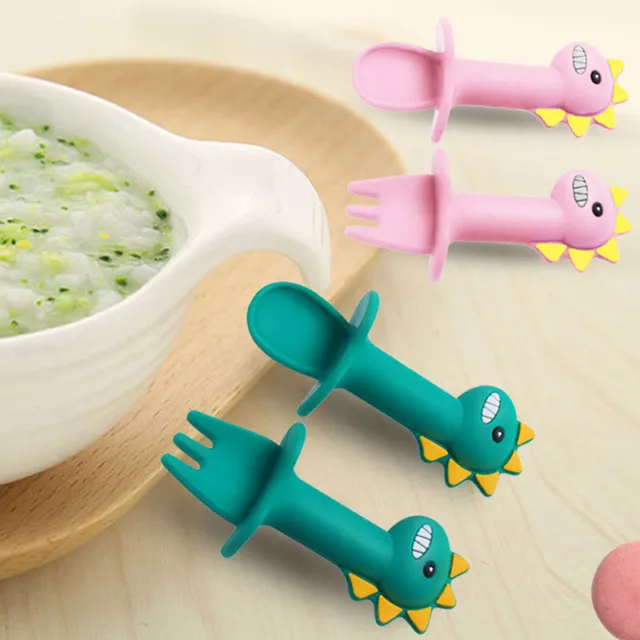 Juego de tenedor de cuchara de alimentación para bebé vajilla dinosaurio dibujos animados correa de silicona suave _reino Unido