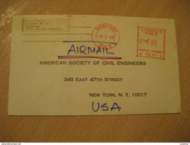 Santiago 1968 To New York USA Cancel Slipper Air Mail Cover Chile