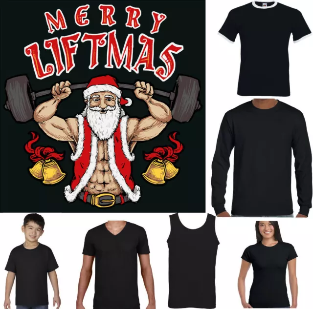 GYM T-SHIRT Mens Merry Liftmas Funny Christmas Training Top Weightlifting Muscle