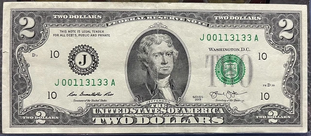 Rare TRINARY 2013 $2 Two Dollar Bill. CRISP. Fancy Serial Number! 00113133