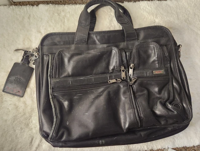 Tumi Alpha Expandable Black Leather Laptop Briefcase Messenger Bag