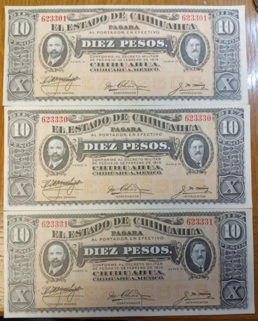 1914 Chihuahua Mexico 10 & 20 Peso Notes