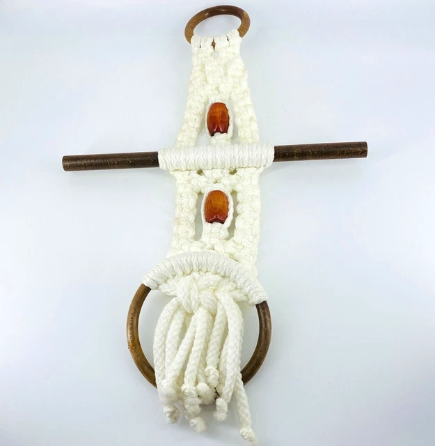 Macrame Wall Hanging White Nylon Large Wooden Beads 18" Long Mid Century MCM
