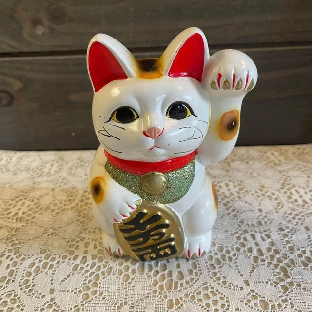 VTG Japanese MANEKI NEKO Beckoning Fortune Lucky Cat Coin Bank Ceramic Figurine