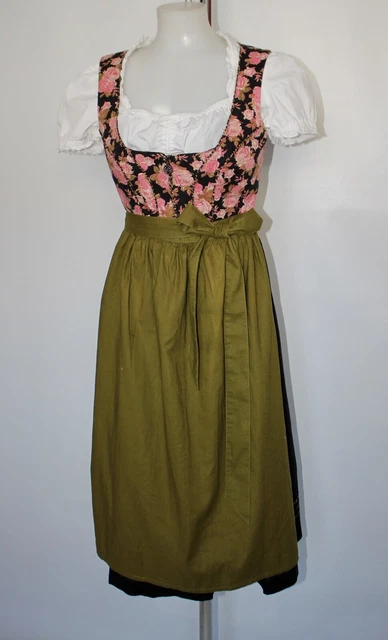 Oktoberfest Costume Floral Dirndl Dress Green Apron White Blouse Uk 8 2