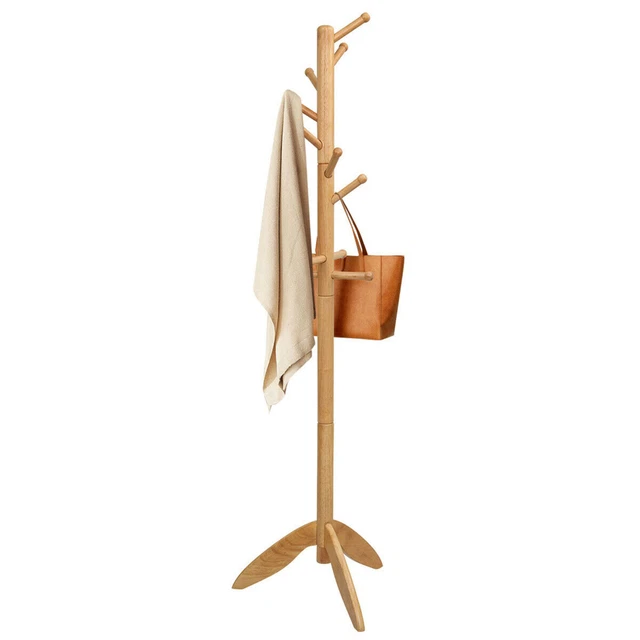 Gymax Wooden Coat Rack Hanger Hall Tree Entryway W/ 10 Hooks 2 Heights Oak