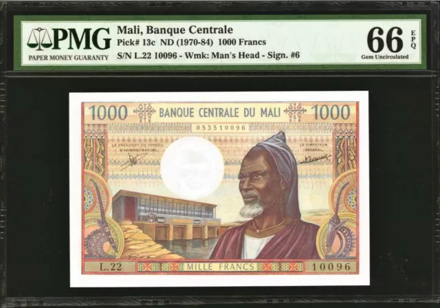 Mali 1000 Francs ND (1970-84) Pick-13c GEM UNC PMG 66 EPQ