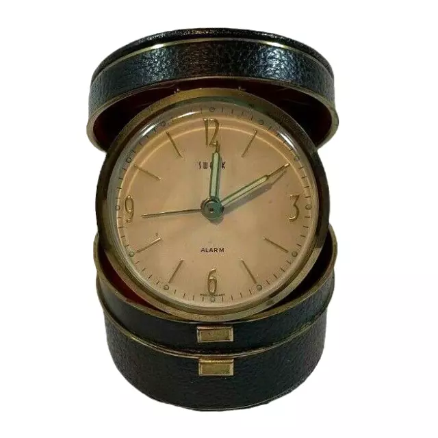 Swank German  Leather Travel Alarm Clock Storage Compartment  Glow in Dark hands