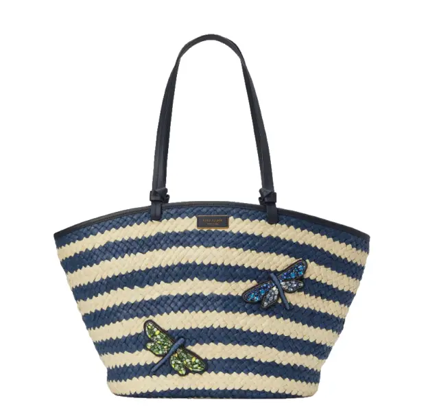 Kate Spade Shore Thing Dragonfly Embellished Striped Straw Large Tote