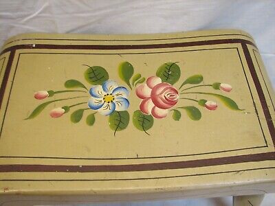 Early Tole Painted PA Dutch Floral Wooden Foot Stool Bench Rest Farm Folk Art 2