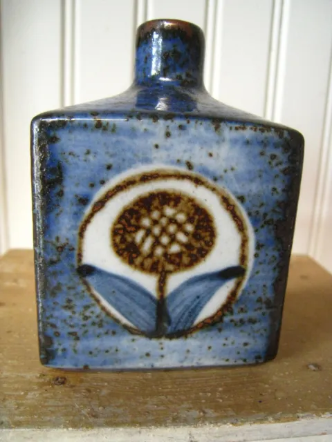 Vntg Japanese Otagiri Blue/Tan Floral Square Bud Vase/Incense  Pottery 3.5 "
