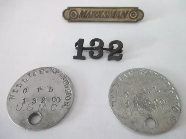 WW1 Matched Grouping - Dog Tags, Matched 132 Company Tag & Marksman Badge
