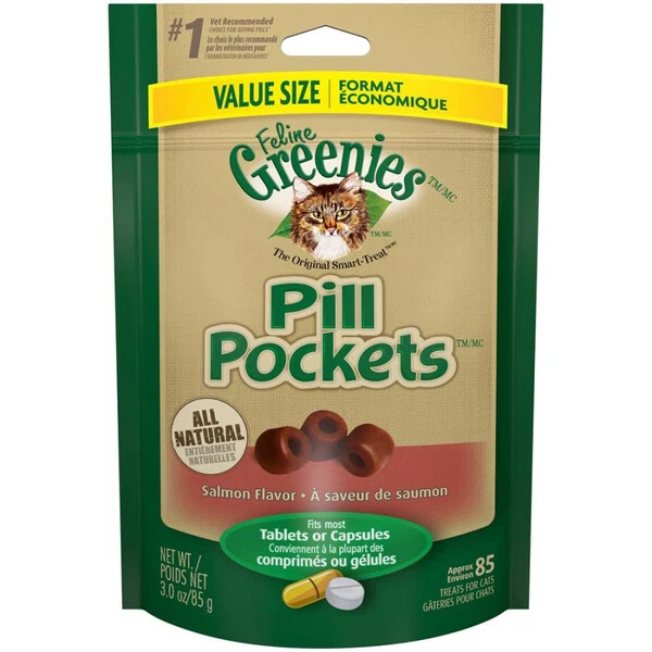 Bolsillos de píldora Greenies felinos sabor salmón golosinas para gatos 3 oz 85 unidades