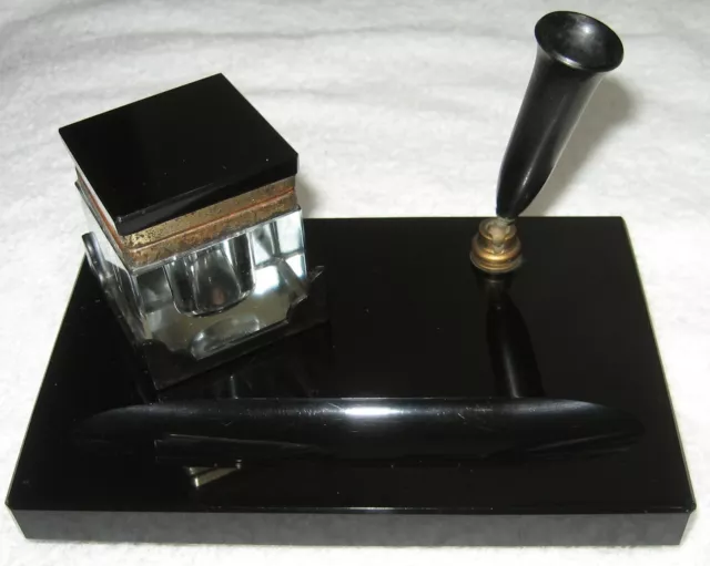 Antique/ Vintage Glass Ink Well with Pen Holder Set/ Excellent Condition