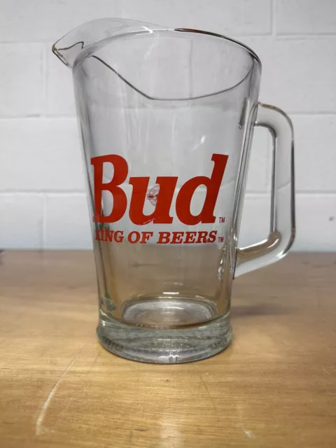 Vintage Budweiser "Bud King of Beers" Heavy Glass Beer Pitcher 9” Tall EUC