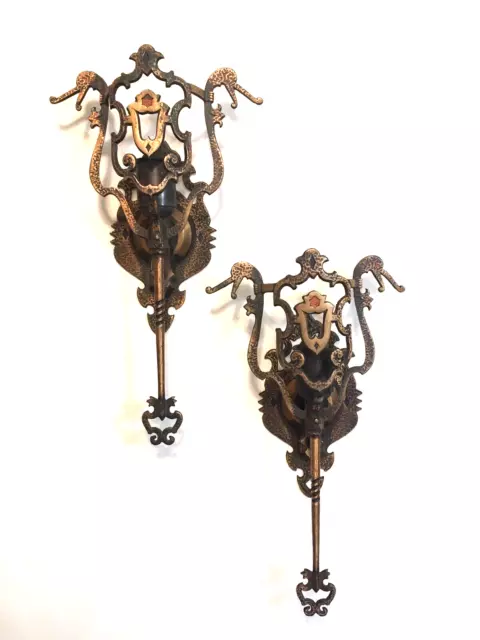 PAIR of Vintage 1920s SPANISH REVIVAL Bronze Dragon Head Wall Lighting Sconces