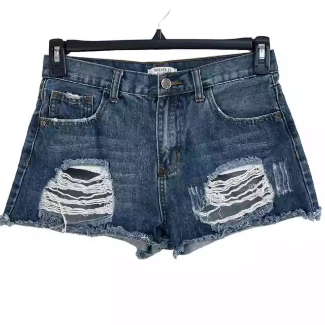 Forever 21 SZ 28 Jean Shorts Distressed Frayed Hems High-Rise Whiskered Blue