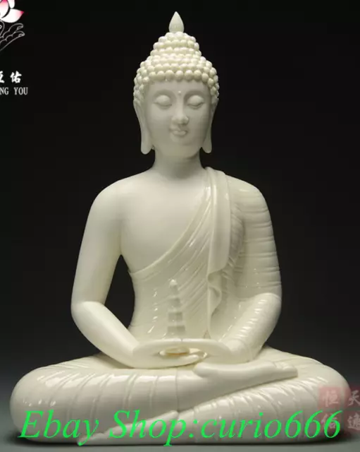12" Old Tibet Buddhism Dehua White Porcelain Shakyamuni Amitabha Buddha Statue