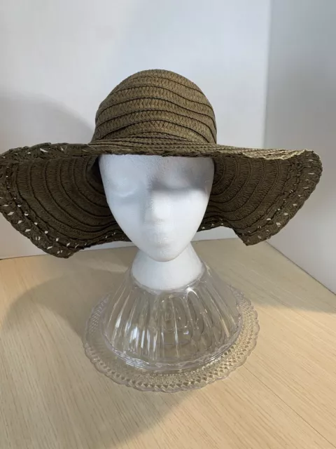 Chico's Women's Brown Wide Brim Straw Sun Hat Packable, One Size Beach/Travel