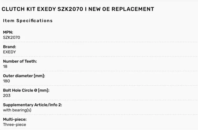 Kit D'embrayage Exedy Szk2070 Neuf Remplacement D'origine Chevrolet Suzuki Alto 3