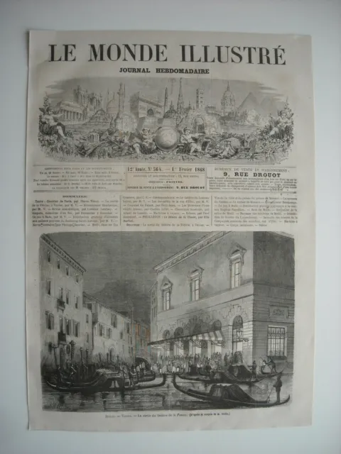 Gravure 1868. Venise. Sortie Du Theatre De La Fenice. Gravure Signee F. Ferat. .