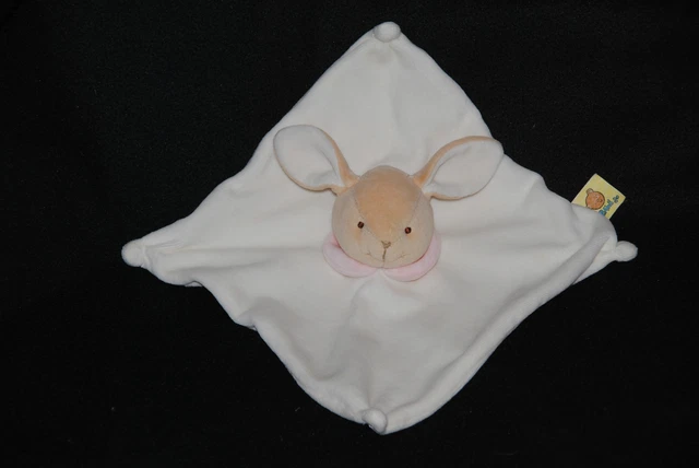 Peluche Doudou Lapin Plat Blanc BAWI Carré Velour Tete Beige Col Rose TTBE