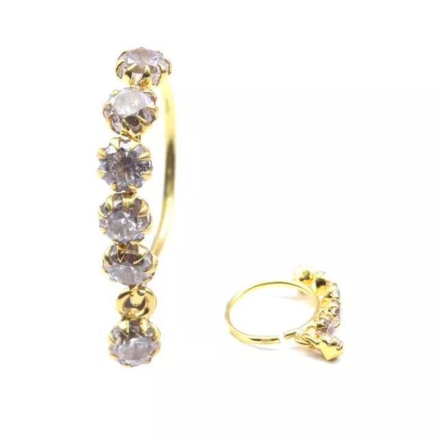 14k Real Solid Gold Cute Indian White CZ Studded Piercing Nose Hoop Ring