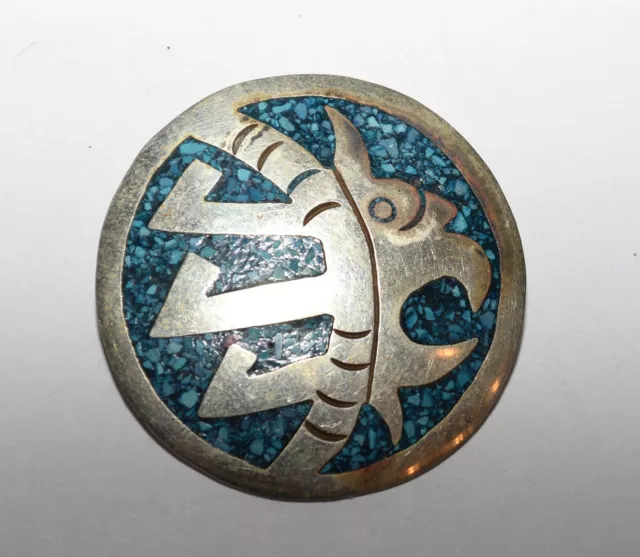 Vintage Mexican Aztec Design Crushed Turquoise Alpaca Round Pendant Pin 13 Grams