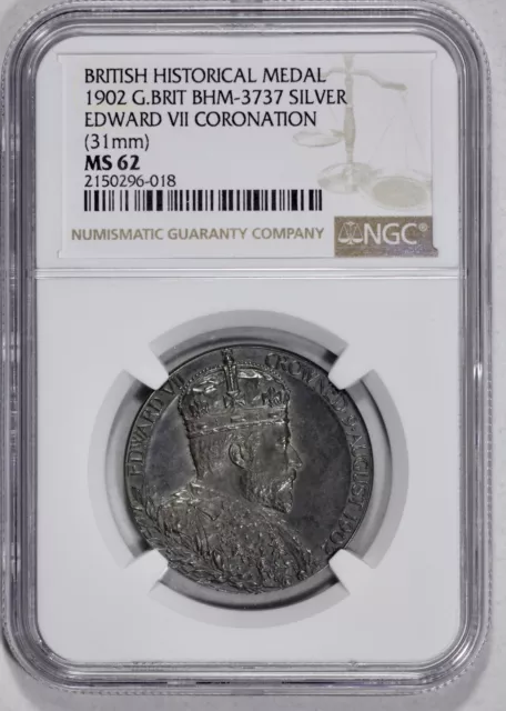 1902 British Silver Coronation Medal of Edward VII NGC MS 62 31mm BHM 3737