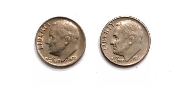 1972 P, 1973 P, Roosevelt Dime, Lot of 2 Coins,  Very Fine +, KM# 195a