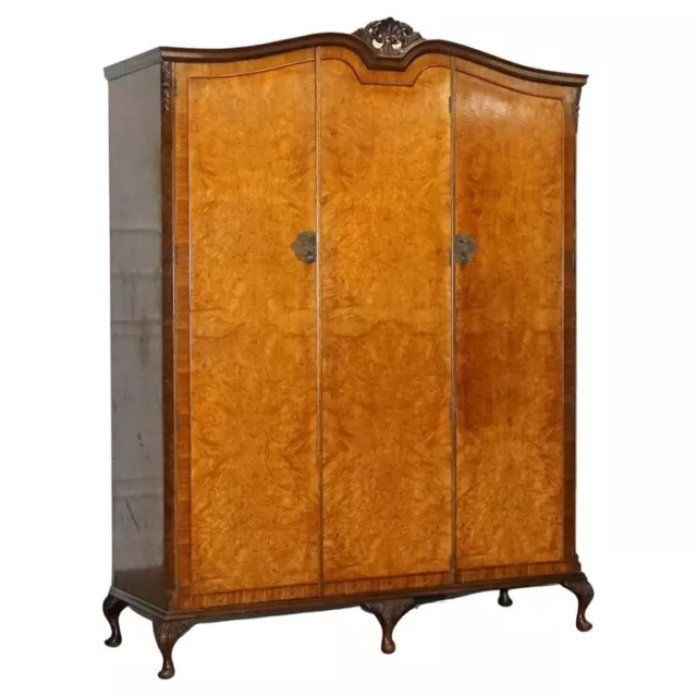 ANTIQUE DiSTRESSED BURR WALNUT TRIPLE WARDROBE WITH QUEEN ANNE LEGS