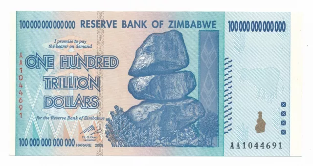 Zimbabwe 100 Trillion Dollars 2008 P. 91 aUnc/Unc Note- No Reserve Free Postage