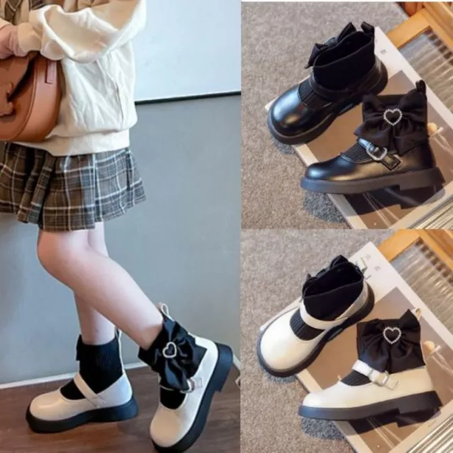 Girls Baby Kids Bow Party Wedding Dress Ankle Boots School Flat Leather Shoes UK