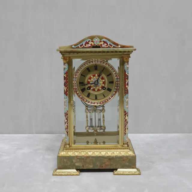 Antique Mantel Clock Champleve Four Glass French Victorian Restored and Working