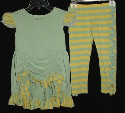 EUC Mustard Pie Girls Green & Yellow Striped Ruffle Tunic & Pants Set Size 7