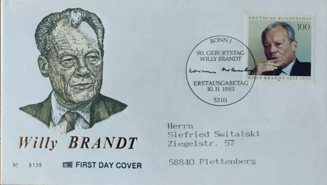 gelaufener Ersttagsbrief Bund MiNr 1706 - Willy Brandt BONN 1993