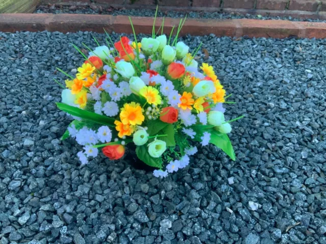 artificial orange  mini tulip flower  arrangement in grave/memorial/crem pot 2