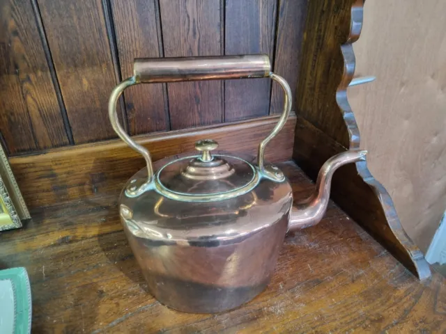 Antique Early 19th Cent Large 1.5kg Copper & Brass Kettle - Castellated Seam 3