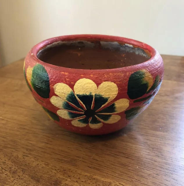 Handmade Clay Bowl Pottery Hand Painted Flowers Rustic Decor Handcrafted Art