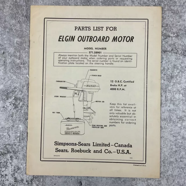 1900s Vtg Elgin Outboard Motor Teile List Handbuch, Modell 571.58901, Sears