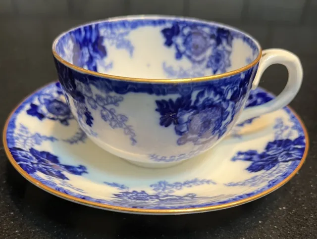 Teacup Saucer Cauldon England Blue Floral White Brown Westhead Moore Co Vintage